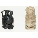 Buddhist miniature figure in cast bronze, H5cm, and a carved soapstone miniature Buddha head, H6cm