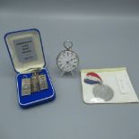 Victorian silver open faced key wound and set pocket watch, London 1882, 3 silver Jubilee ingots and