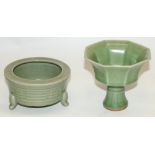 Chinese Yuan style celadon glazed porcelain stem bowl, H11.5cm, and a Chinese Yuan style celadon