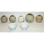 Five Provincial Chinese ginger jars, max. H14.5cm, and a pair of white glazed rice bowls with