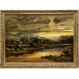 R. Hogg (British early C20th); Tintern Abbey in a moonlit river landscape, oil on canvas, signed,