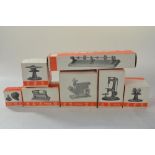 Collection of Wilesco belt driven miniature stationary engine workshop tools including circular saw,