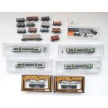 Collection of N gauge train and wagon models, including four carriage London Midlands commuter