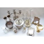 Brass, silver and silver plated EPNS table ware, candle holders, flower vases, salt and pepper pots,