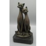 Bronzed metal sculpture group of pair of cats, stamped Milo, on square base, H23cm