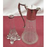 Edwardian claret jug, tapering body etched with bell flowers, silver plate mount with scroll handle,