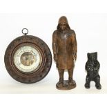 C19th continental stained beech cased aneroid barometer with carved decoration, D21cm, cast iron