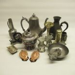 Mixed collection of pewter ware and plated ware inc. teapots, mugs, etc.