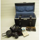 Camera traveling case cont. Asahi Pentax Autorobo flash, Olympus Skylight (1A) 49mm lens, Vivatar