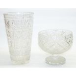 Large lead crystal trumpet design vase, H33cm, lead crystal hob nail cut pedestal fruit bowl H21.5cm
