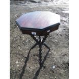 C20th Gypsy type table, octagonal top on open work bobbin turned supports, D48cm x H68cm