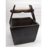 C19th wooden square peat bucket with jointed carrying handle, H48cm