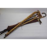 Five C20th and later walking sticks with antler horn handles, 4 other bamboo walking sticks, 1 other