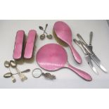 Geo.V hallmarked Sterling silver pink guilloche enamel dressing table set by Adie Brothers Ltd,