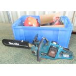 Makita battery chainsaw, gloves, two helmets, etc