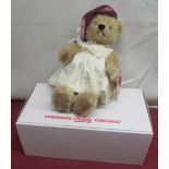 Hermann Teddy Original 'Lady Ascot' teddy bear in blonde mohair with cream dress, bonnet and pearl