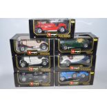 7 boxed 1:18 scale diecast model cars from Burago, including 1931 Alfa Romeo 8C 2300 Monza, Jaguar