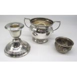 Geo.V hallmarked Sterling silver twin handled sugar bowl with cast decoration on circular pedestal