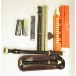 2 All Los recorders with brown leatherette case for 1, Bontempi recorder with plastic case, Orange