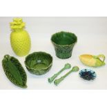 Dearstris biscuit barrel in the form of a pineapple, late c19th green glazed leaf moulded jardiniere