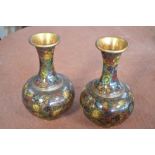 Pair of Japanese mallet shaped metal vases, decorated in Cloisonné style with foliage H23cm (2)