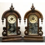 Two early C20th Ansonia Clock Company mahogany cased shelf clock alarms, carved cases with drop down
