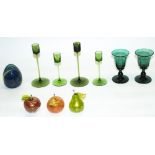 Four Wedgwood emerald green glass candlesticks designed by Ronald Stennett-Willson, max. H16.5cm,