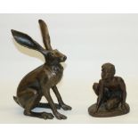 C20th bronzed hare marked GM H28cm and a bronzed figure of a youth H18cm (2)