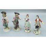 Pair of Kister monkey musician figures with cello (a/f) and bagpipes, & a pair of Volkstedt