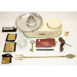 1950's Harper enamelled kitchen scales, brass toasting fork, 1930's perpetual desk calendar, other
