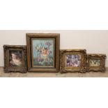 Four late C20th porcelain plaques printed with decorative scenes, in ornate gilt frames, Vienna