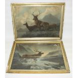 Two framed prints of stags and deer in Highland landscapes, 44.5cm x 32cm max. (2)