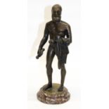 C20th grand tour style bronzed figure of a man, possibly Archimedes, mounted on a polished
