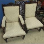 Victorian upholstered open armchairs and similar nursing chair, both on turned supports (2)