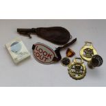 Group of militaria to inc. shot flask, lookout arm band, horse brasses, Spanish medal, US Gulf War