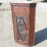 C19th oak and pine corner cabinet with dentil cornice and glazed door, W58cm D36cm H99cm