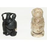 Cast bronze Buddhist miniature figure, H5cm, and a carved soapstone miniature Buddha head, H6cm