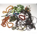 Collection of costume jewellery including amber necklaces, handmade enamel floral necklace, beaded