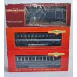 Three boxed G-gauge railway carriages by Bachmann, 2 passenger and 1 post wagon. Both passenger