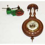 Late C19th continental walnut cased aneroid barometer and thermometer, in carved case, overall