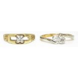18ct yellow gold ring set with two illusion set diamonds stamped 18ct, size K, 2.0g and a yellow