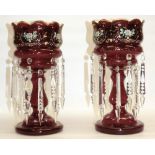 Pair of late C19th continental Ruby glass lusters, hand enamel floral decoration with gilt