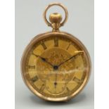 Swiss 9ct rose gold open faced keyless wound and set pocket watch, engraved gold dial with applied