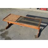 1970's G plan teek occasional table with off set tile and glass top 120cm X 49.5cm x H44cm