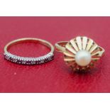9ct yellow gold ring set with pearl, stamped 375, size L, and a 9ct yellow gold ring set with