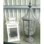 Modern metal and glass candle lantern, and a white enamel candle lantern, H45cm (2)
