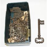 Collection of various keys including a large iron key, L20cm, furniture keys, door keys, padlock