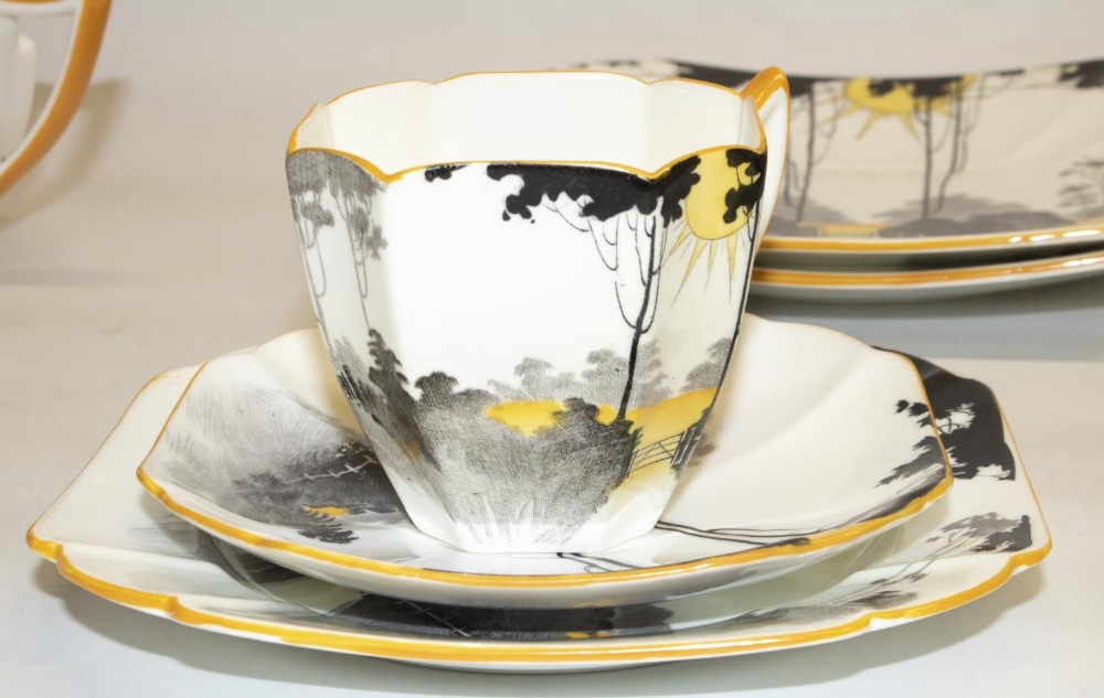 1930s Shelley Queen Anne shape Art Deco Sunshine and Tall Trees pattern tea ware, comprising: two - Image 4 of 4