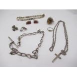 Collection of silver jewellery including a pair of amber and silver earrings, a silver albert chain,
