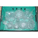 Quantity of glassware including cut crystal, bowls, bells, serving dishes, ornamental vases, wine